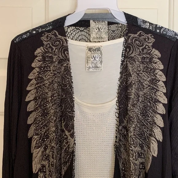 NWT VOCAL black & gold/taupe rhinestone & lace cardigan size small. Gorgeous! - Picture 9 of 9